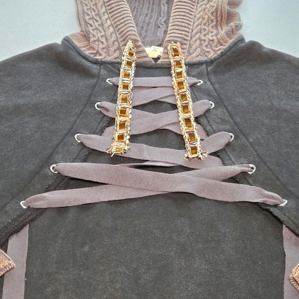 POL Rebel Lace Up Knit Hoodie Mineral Wash Brown Black Boho Grunge Small NWOT - Picture 7 of 16